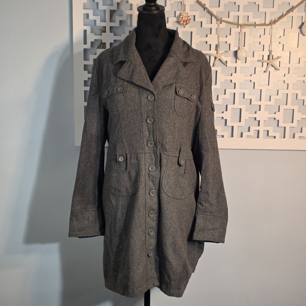 Last Kiss Wool Blend Gray Button Front Military Utility Coat Womens XL